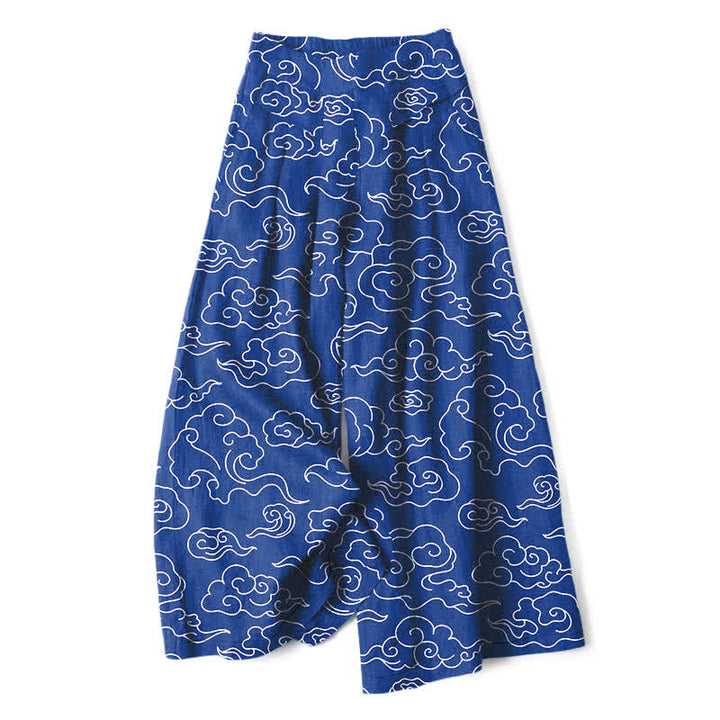 Buddha Stones Cotton Linen Cloud Pattern Women's Elastic Waist Wide Leg Pants With Pockets - RoyalBlue - US16，UK/AU20，EU48 (3XL) - image 0