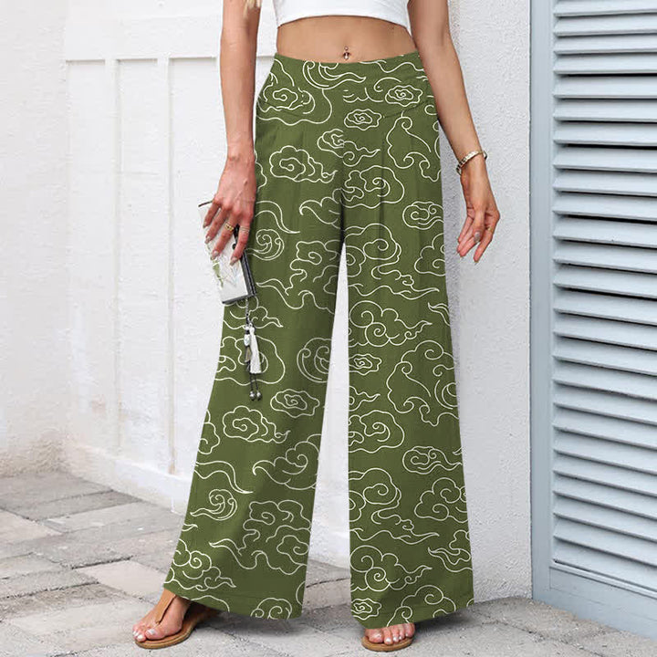 Buddha Stones Cotton Linen Cloud Pattern Women's Elastic Waist Wide Leg Pants With Pockets - image 5
