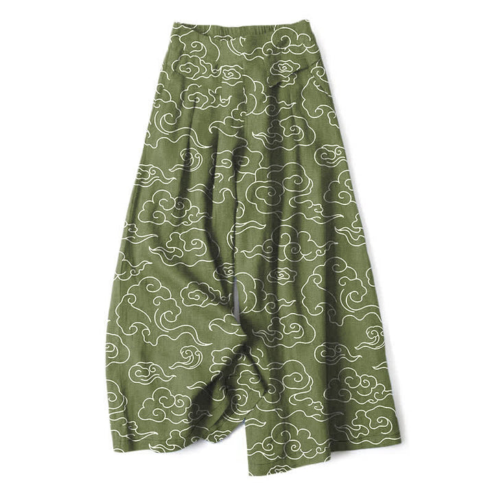 Buddha Stones Cotton Linen Cloud Pattern Women's Elastic Waist Wide Leg Pants With Pockets - OliveDrab - US16，UK/AU20，EU48 (3XL) - image 4