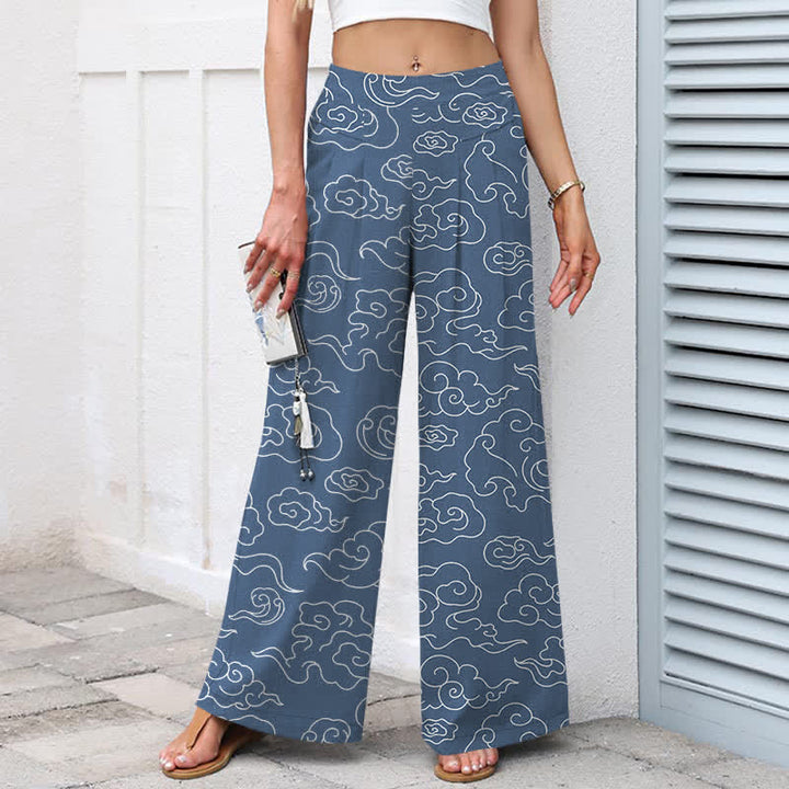 Buddha Stones Cotton Linen Cloud Pattern Women's Elastic Waist Wide Leg Pants With Pockets - image 7