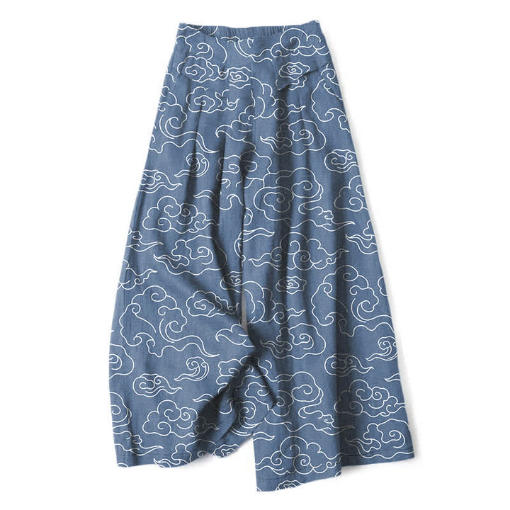 Buddha Stones Cotton Linen Cloud Pattern Women's Elastic Waist Wide Leg Pants With Pockets - SteelBlue - US16，UK/AU20，EU48 (3XL) - image 6