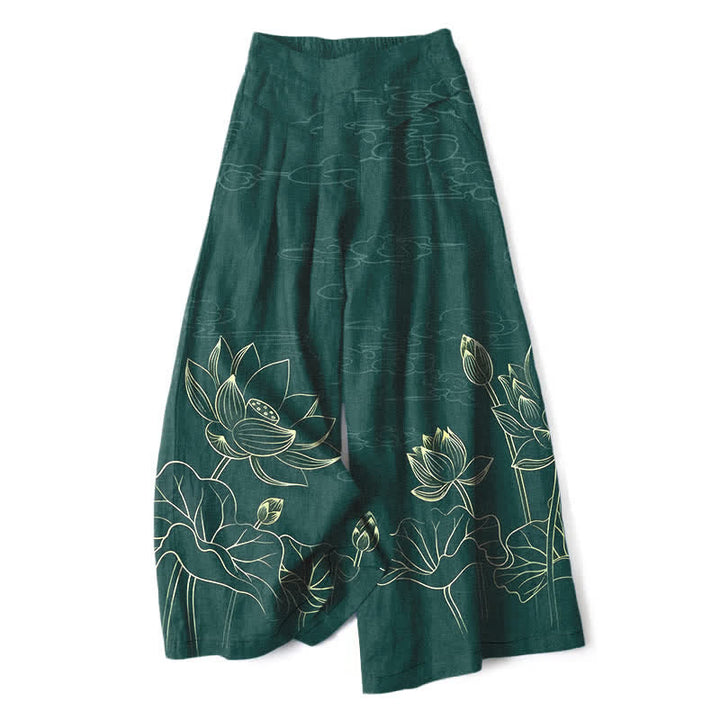 Buddha Stones Cotton Linen Lotus Line Art Pattern Women's Elastic Waist Wide Leg Pants With Pockets - ForestGreen - US16，UK/AU20，EU48 (3XL) - image 0