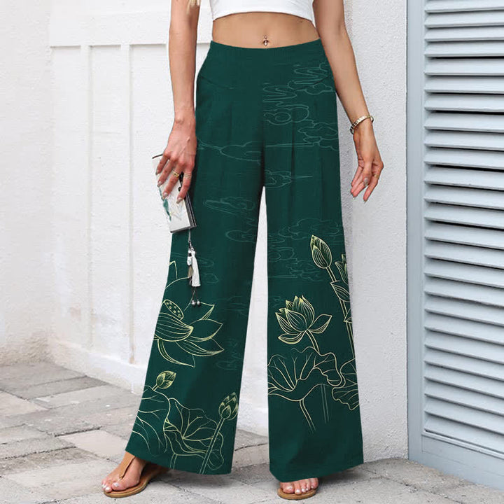 Buddha Stones Cotton Linen Lotus Line Art Pattern Women's Elastic Waist Wide Leg Pants With Pockets - image 1