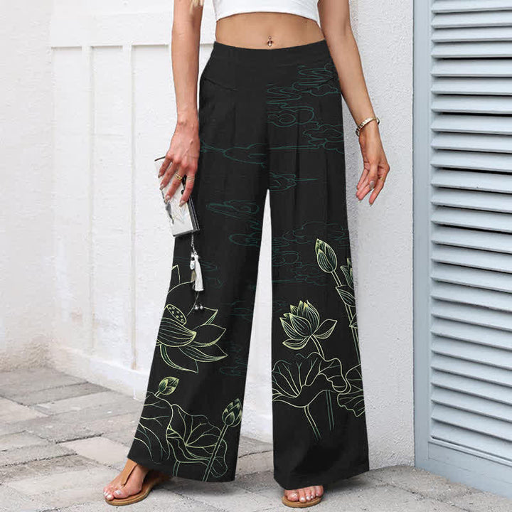 Buddha Stones Cotton Linen Lotus Line Art Pattern Women's Elastic Waist Wide Leg Pants With Pockets - image 5