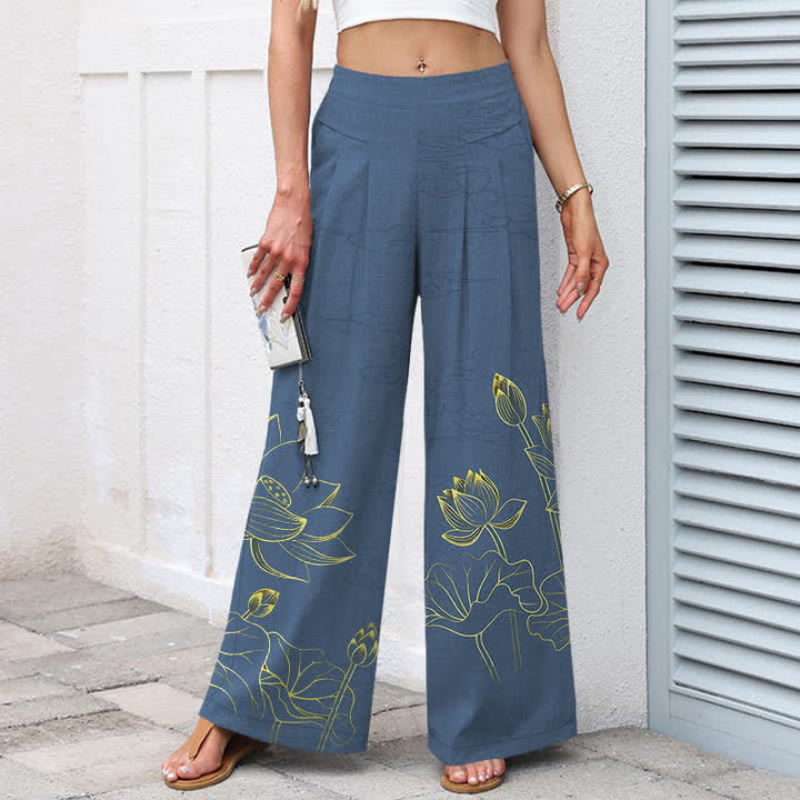 Buddha Stones Cotton Linen Lotus Line Art Pattern Women's Elastic Waist Wide Leg Pants With Pockets - image 7