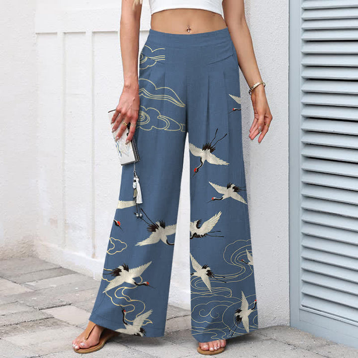 Buddha Stones Cotton Linen Crane Cloud Pattern Women's Elastic Waist Wide Leg Pants With Pockets - image 1