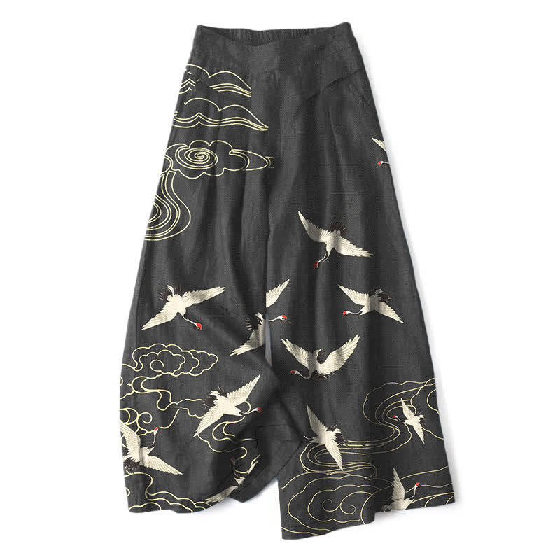 Buddha Stones Cotton Linen Crane Cloud Pattern Women's Elastic Waist Wide Leg Pants With Pockets - Black - US16，UK/AU20，EU48 (3XL) - image 4