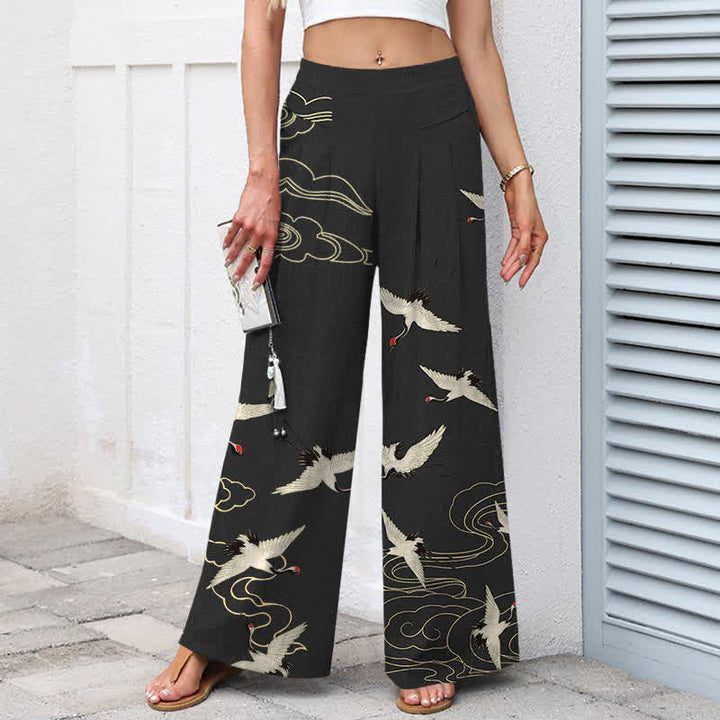 Buddha Stones Cotton Linen Crane Cloud Pattern Women's Elastic Waist Wide Leg Pants With Pockets - image 5