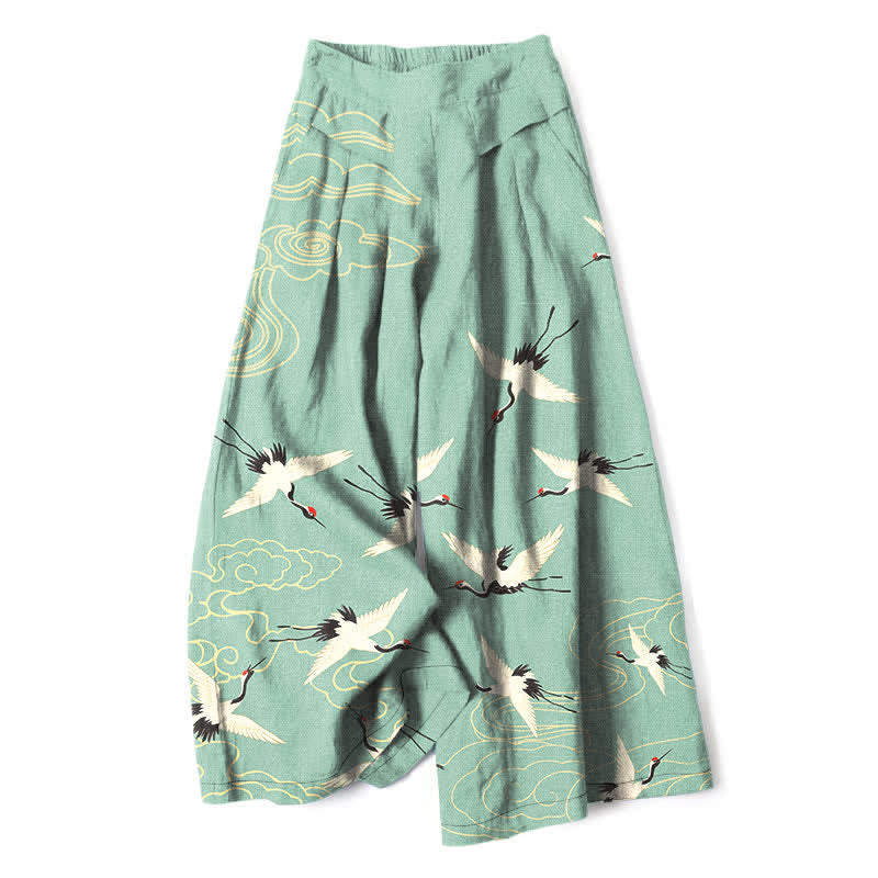 Buddha Stones Cotton Linen Crane Cloud Pattern Women's Elastic Waist Wide Leg Pants With Pockets - MediumAquamarine - US16，UK/AU20，EU48 (3XL) - image 6
