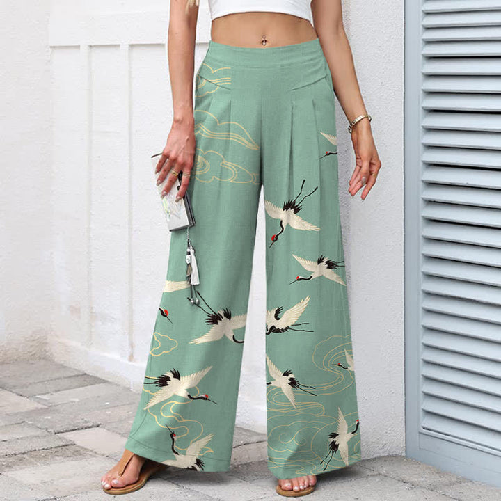 Buddha Stones Cotton Linen Crane Cloud Pattern Women's Elastic Waist Wide Leg Pants With Pockets - image 7