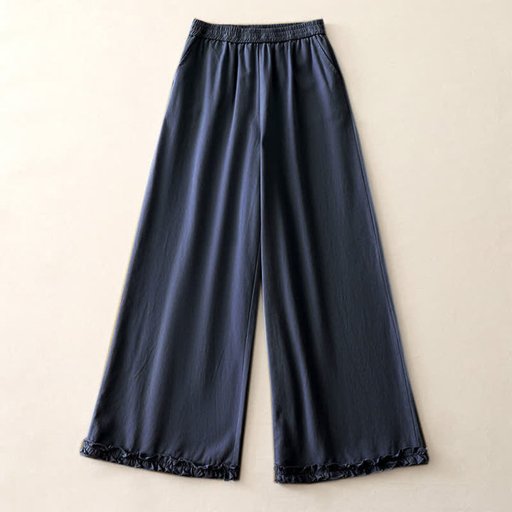 Buddha Stones Spring Casual Solid Cotton Ruffle Hem Women's Wide Leg Pants With Pockets - image 17