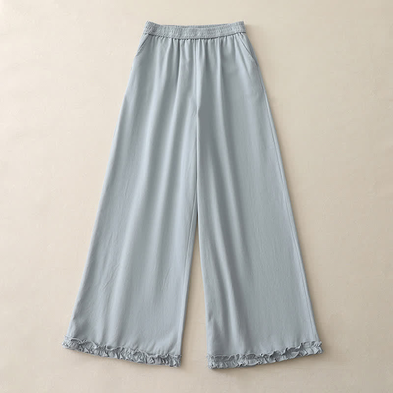 Buddha Stones Spring Casual Solid Cotton Ruffle Hem Women's Wide Leg Pants With Pockets - image 0