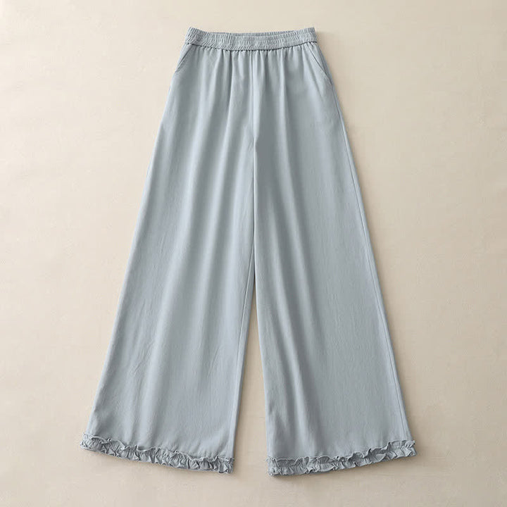 Buddha Stones Spring Casual Solid Cotton Ruffle Hem Women's Wide Leg Pants With Pockets - image 0