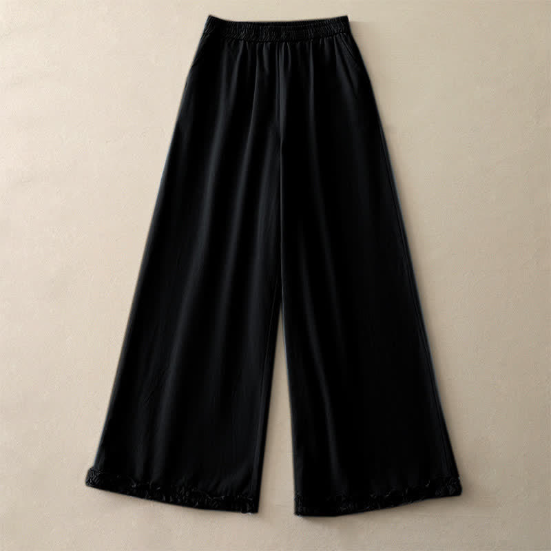 Buddha Stones Spring Casual Solid Cotton Ruffle Hem Women's Wide Leg Pants With Pockets - image 18