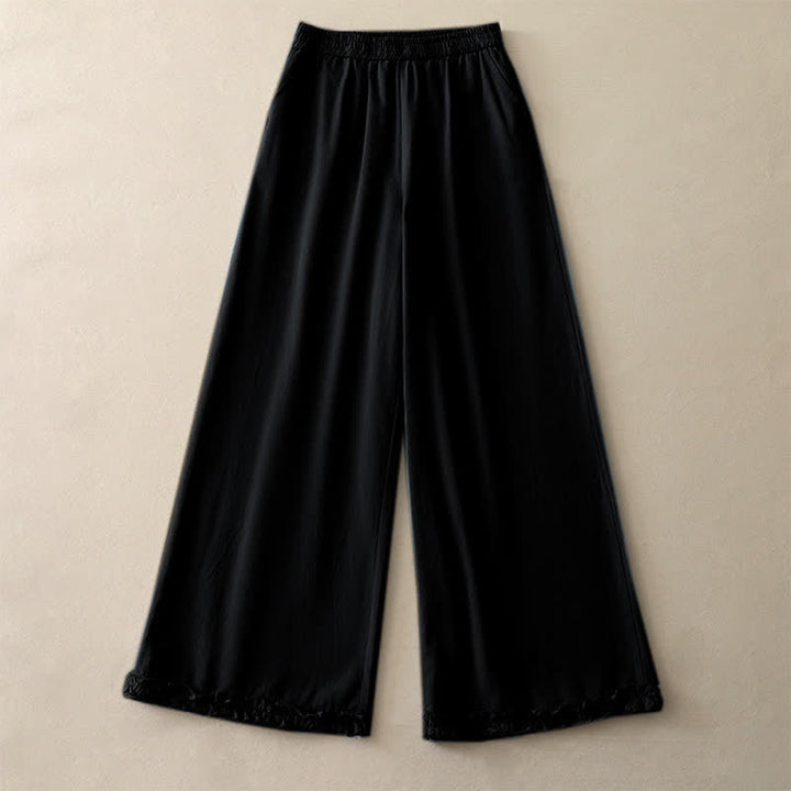 Buddha Stones Spring Casual Solid Cotton Ruffle Hem Women's Wide Leg Pants With Pockets - image 18