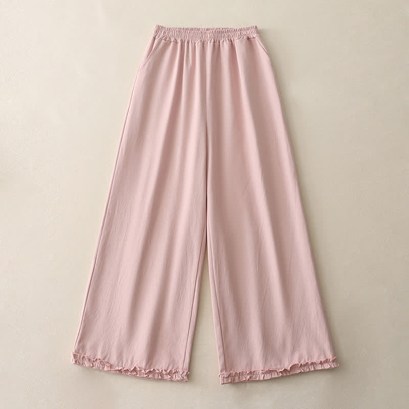 Buddha Stones Spring Casual Solid Cotton Ruffle Hem Women's Wide Leg Pants With Pockets - image 13