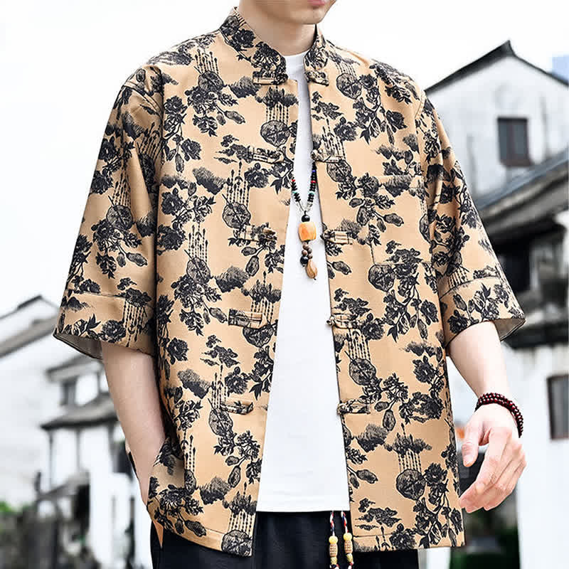 Buddha Stones Summer Tang Style Frog Button Floral Leaves Butterfly Print Men's Elbow-Length Sleeve Shirt With Chest Pocket - image 18