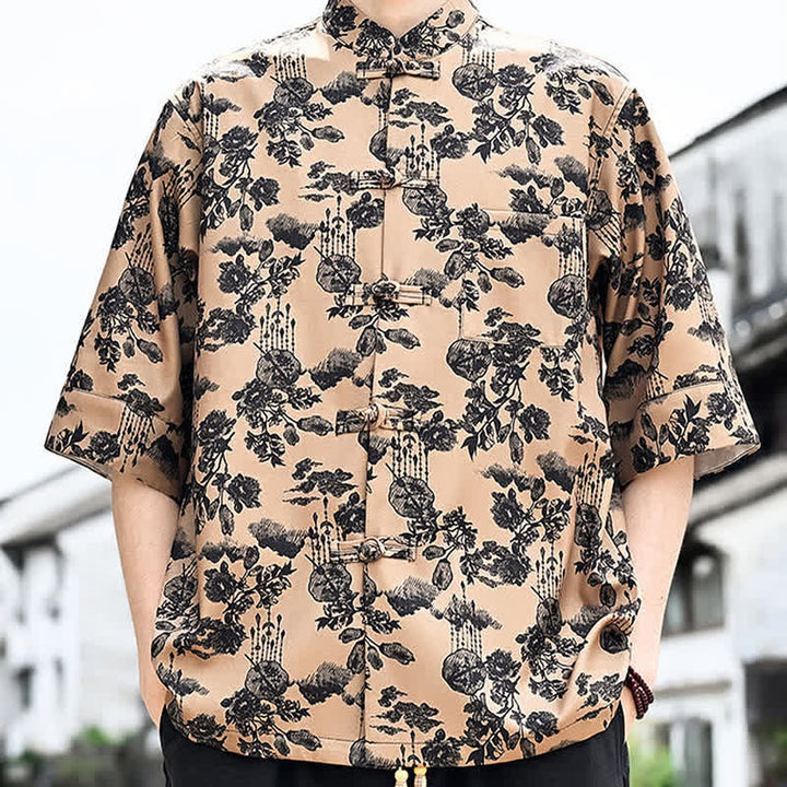 Buddha Stones Summer Tang Style Frog Button Floral Leaves Butterfly Print Men's Elbow-Length Sleeve Shirt With Chest Pocket - image 16