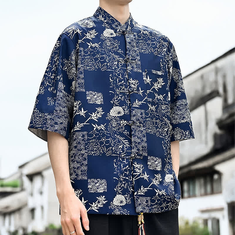 Buddha Stones Summer Tang Style Frog Button Floral Leaves Butterfly Print Men's Elbow-Length Sleeve Shirt With Chest Pocket - image 8