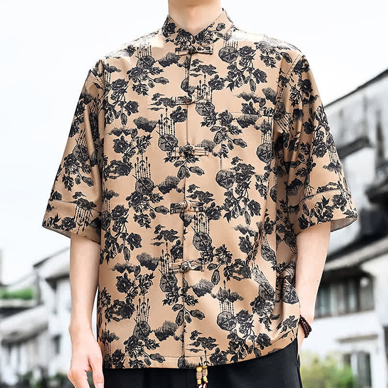Buddha Stones Summer Tang Style Frog Button Floral Leaves Butterfly Print Men's Elbow-Length Sleeve Shirt With Chest Pocket - image 17