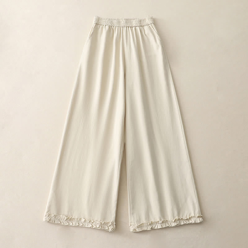 Buddha Stones Spring Casual Solid Cotton Ruffle Hem Women's Wide Leg Pants With Pockets - AntiqueWhite - US12，UK/AU16，EU44 (2XL) - image 4
