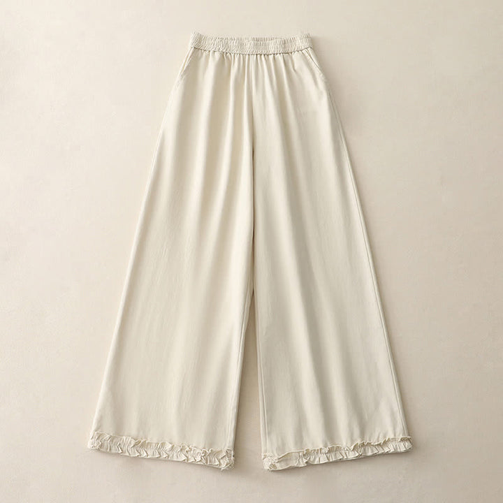 Buddha Stones Spring Casual Solid Cotton Ruffle Hem Women's Wide Leg Pants With Pockets - AntiqueWhite - US12，UK/AU16，EU44 (2XL) - image 4