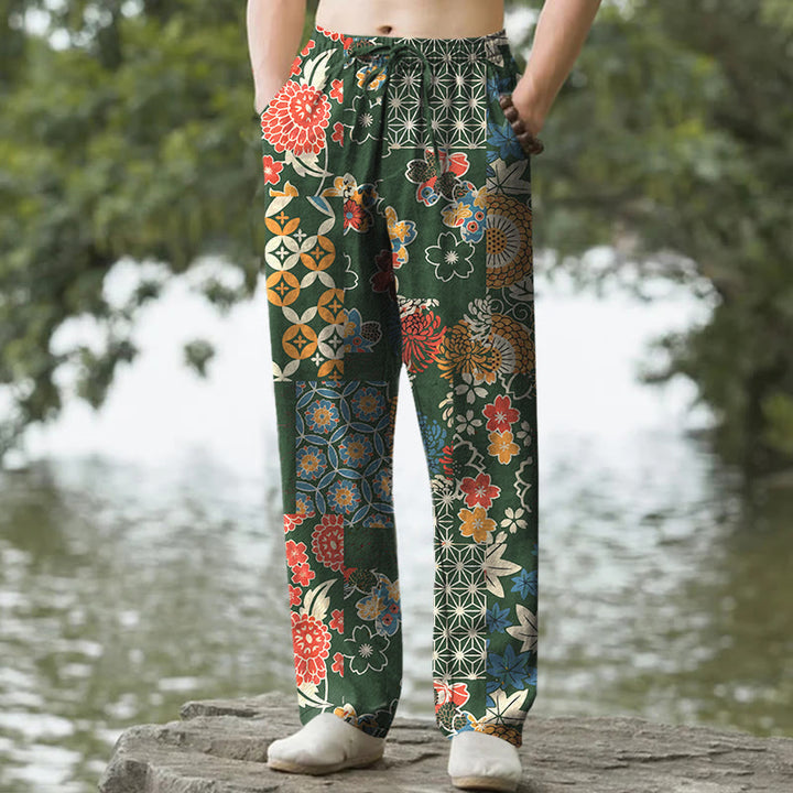 Buddha Stones Cotton Bohemian Floral Patchwork Pattern Men's Tapered Pants With Pockets - ForestGreen - US/UK/AU50，EU60 (5XL) - image 4