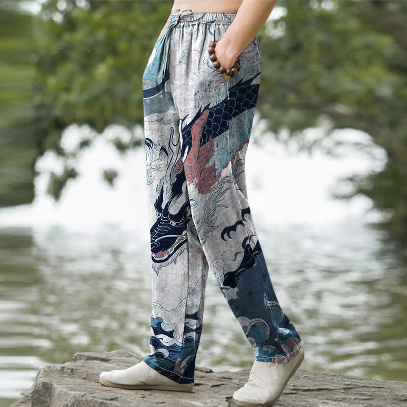 Buddha Stones Cotton Oriental Dragon Wave Pattern Men's Tapered Pants With Pockets - image 5