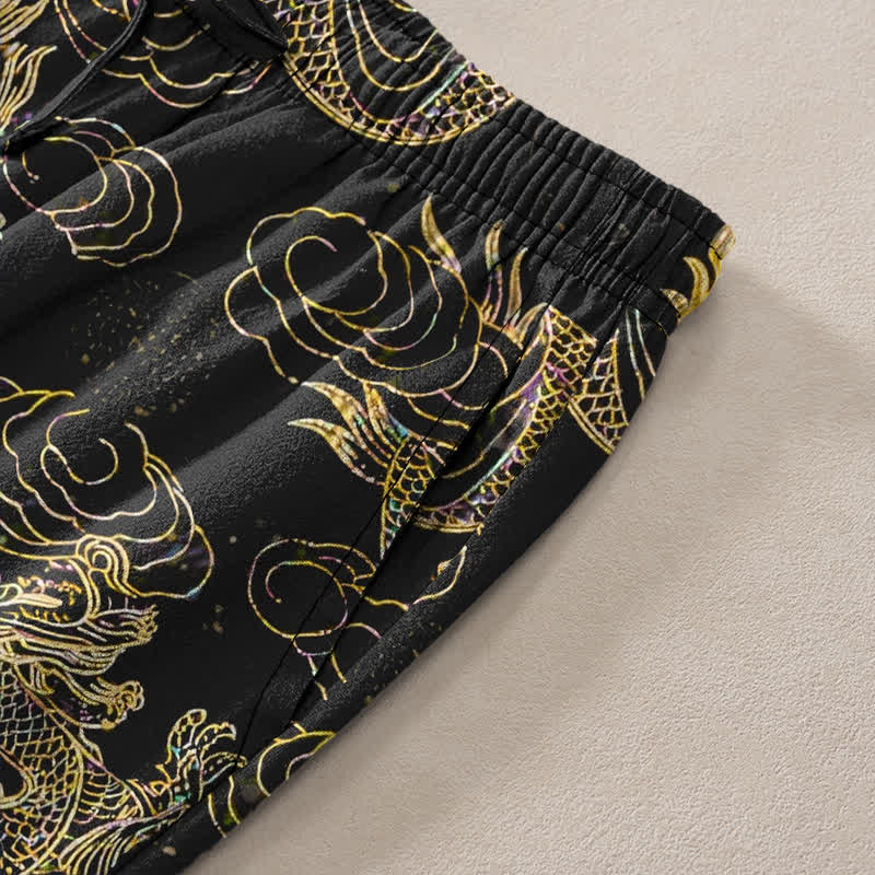 Buddha Stones Cotton Golden Dragon Cloud Pattern Men's Tapered Pants With Pockets - image 3