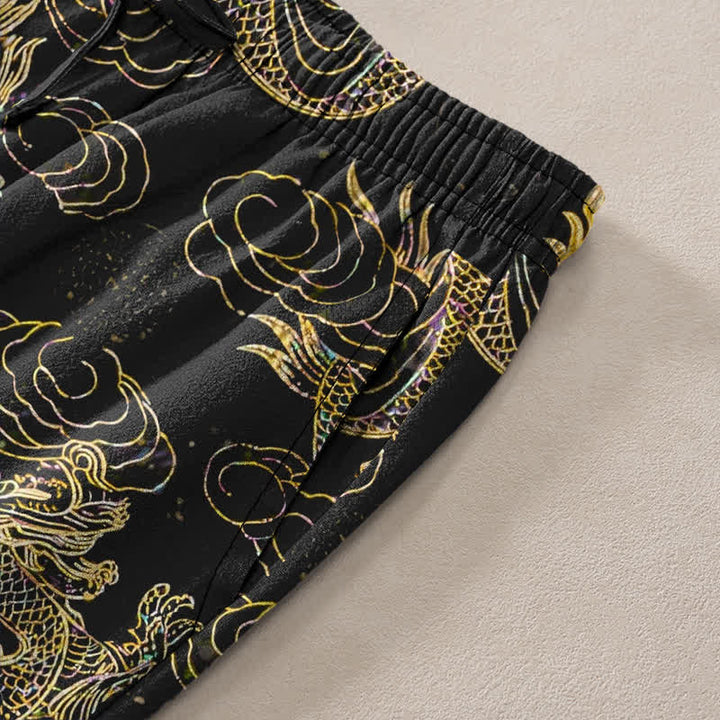 Buddha Stones Cotton Golden Dragon Cloud Pattern Men's Tapered Pants With Pockets - image 3