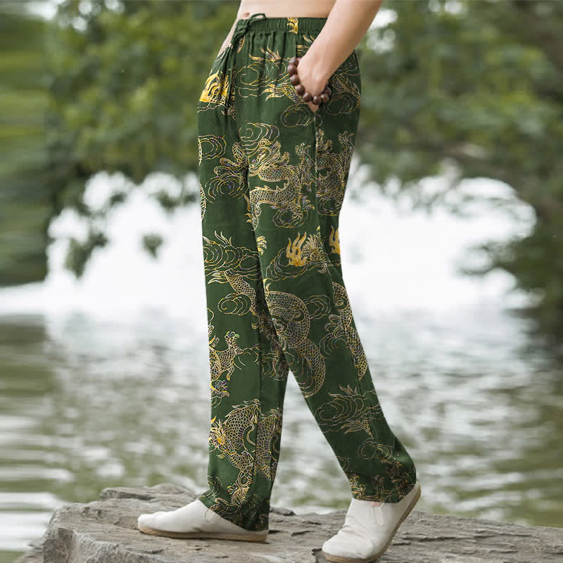 Buddha Stones Cotton Golden Dragon Cloud Pattern Men's Tapered Pants With Pockets - image 5