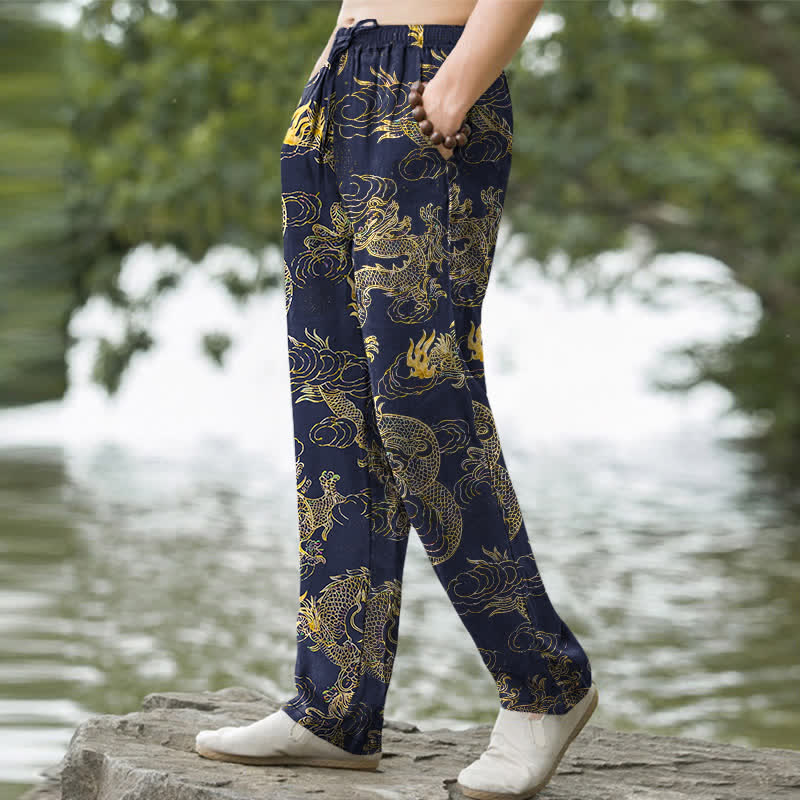 Buddha Stones Cotton Golden Dragon Cloud Pattern Men's Tapered Pants With Pockets - image 7