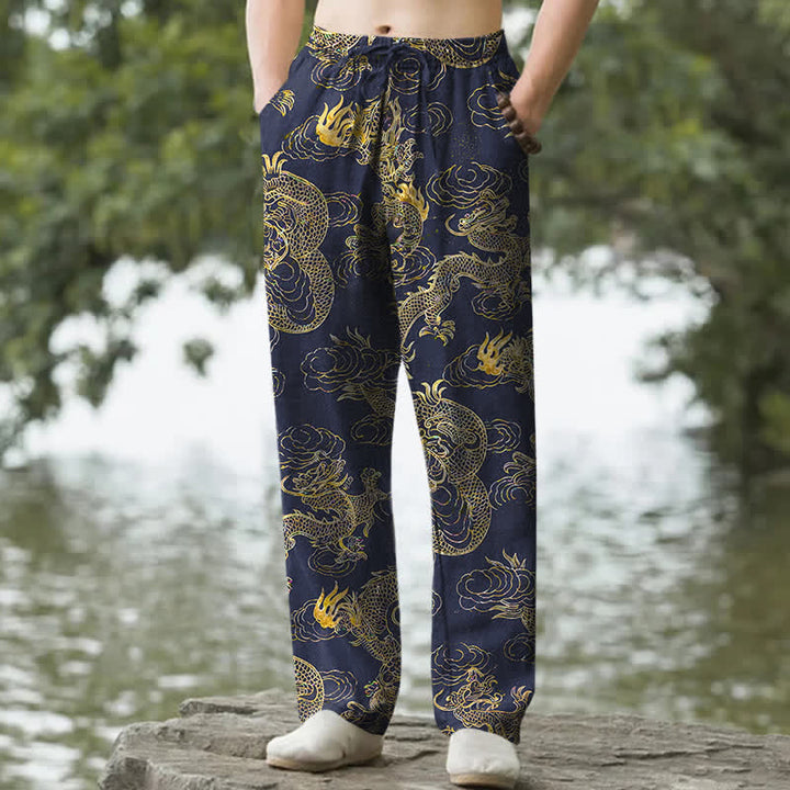 Buddha Stones Cotton Golden Dragon Cloud Pattern Men's Tapered Pants With Pockets - Navy - US/UK/AU50，EU60 (5XL) - image 6