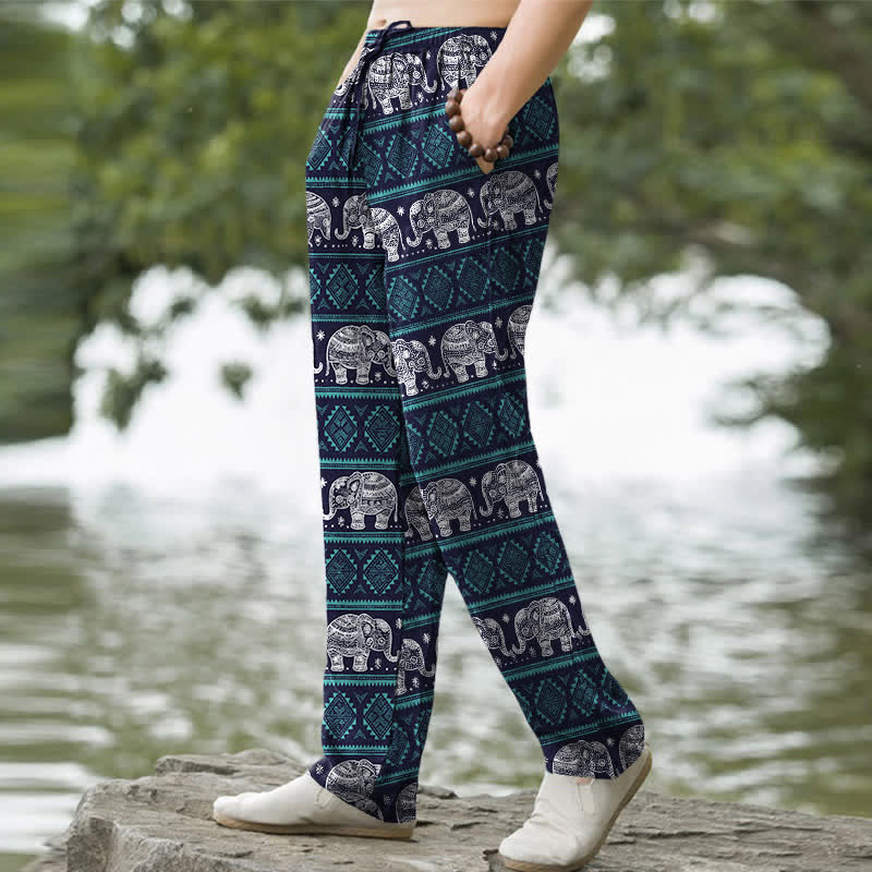 Buddha Stones Cotton Elephant Geometric Stripe Pattern Men's Tapered Pants With Pockets - image 1