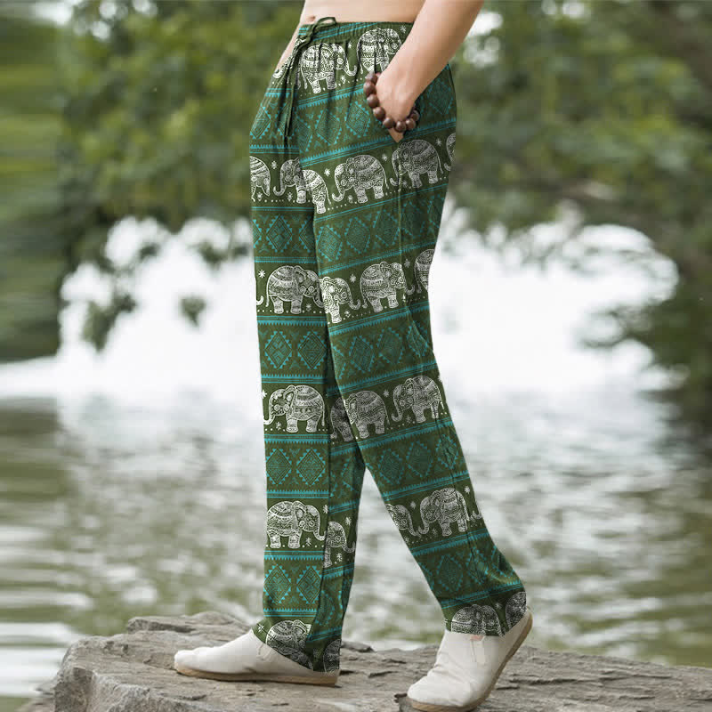 Buddha Stones Cotton Elephant Geometric Stripe Pattern Men's Tapered Pants With Pockets - image 7