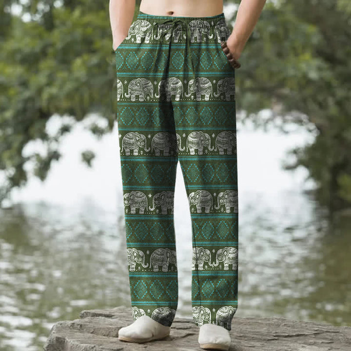 Buddha Stones Cotton Elephant Geometric Stripe Pattern Men's Tapered Pants With Pockets - ForestGreen - US/UK/AU50，EU60 (5XL) - image 6