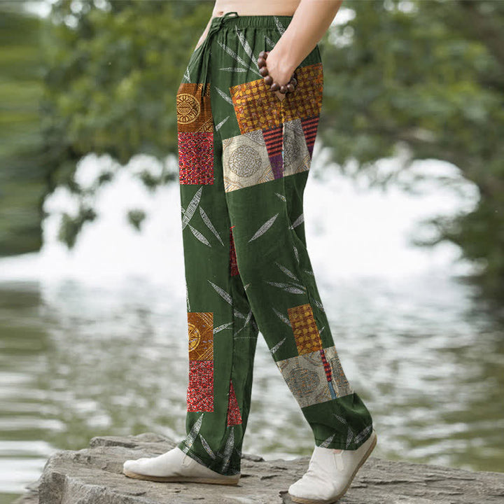 Buddha Stones Cotton Bohemian Patchwork Leaf Pattern Men's Tapered Pants With Pockets - image 5