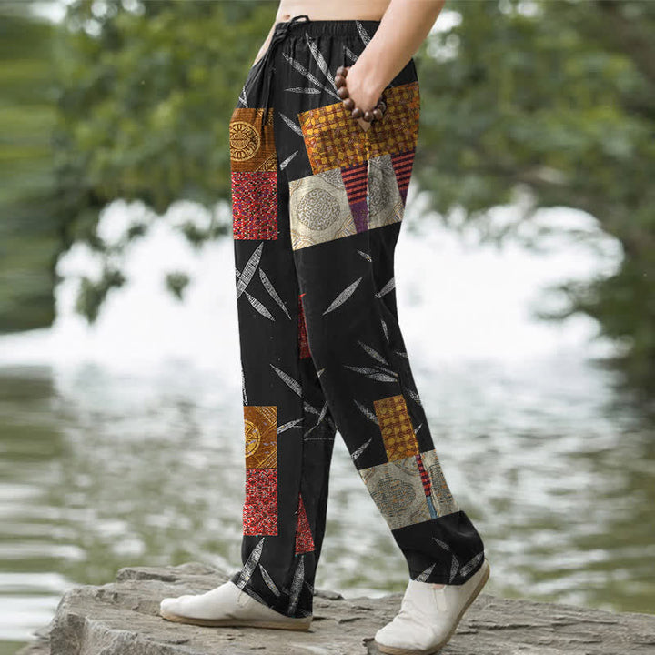 Buddha Stones Cotton Bohemian Patchwork Leaf Pattern Men's Tapered Pants With Pockets - image 7