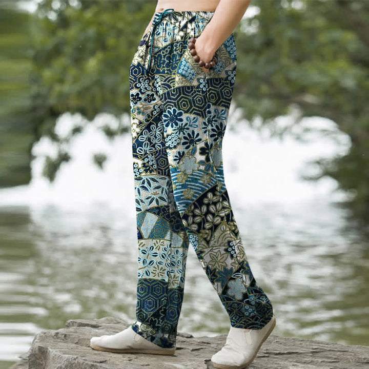 Buddha Stones Cotton Bohemian Patchwork Pattern Men's Tapered Pants With Pockets - image 5