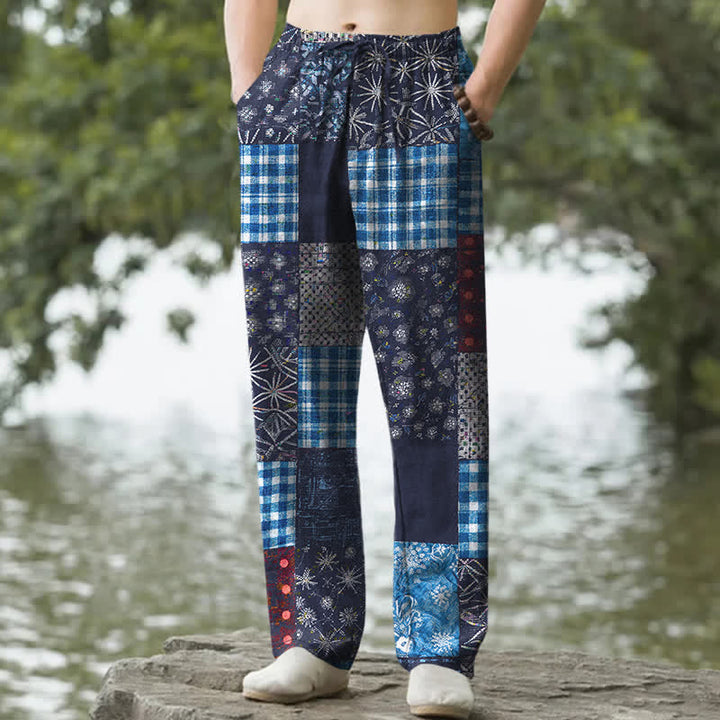 Buddha Stones Cotton Patchwork Floral Pattern Men's Tapered Pants With Pockets - Navy - US/UK/AU50，EU60 (5XL) - image 0