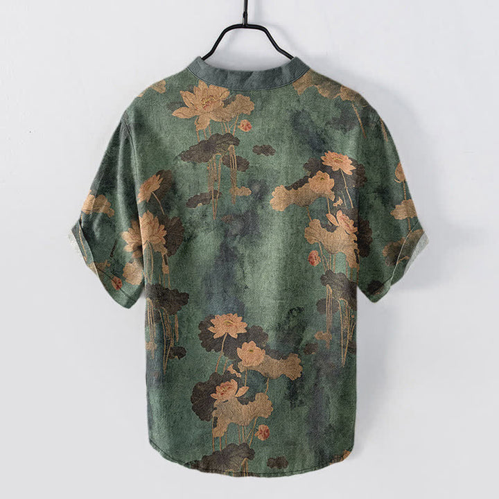 Buddha Stones Cotton Lotus Floral Pattern Men's Short Sleeve Half Button Shirt - image 1