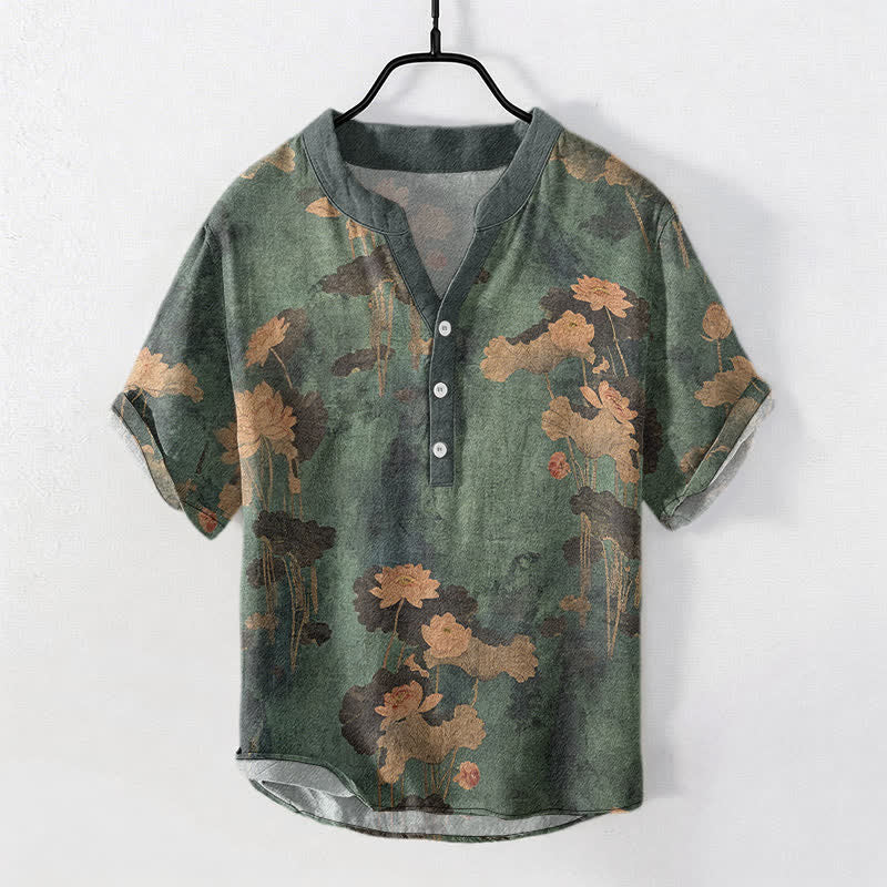 Buddha Stones Cotton Lotus Floral Pattern Men's Short Sleeve Half Button Shirt - DarkOliveGreen - US/UK/AU50，EU60 (5XL) - image 0