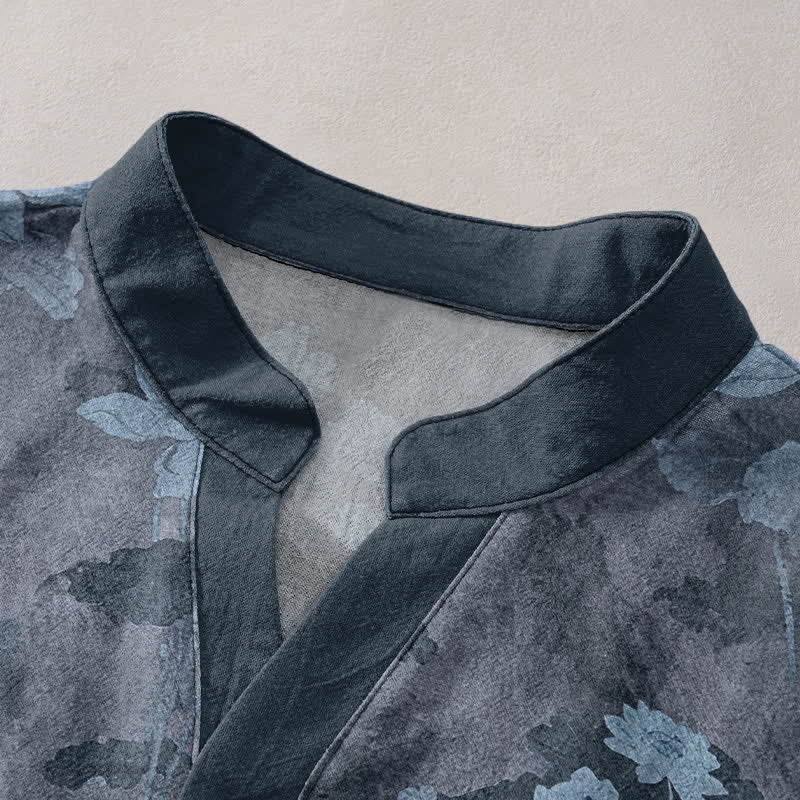 Buddha Stones Cotton Lotus Floral Pattern Men's Short Sleeve Half Button Shirt - image 7