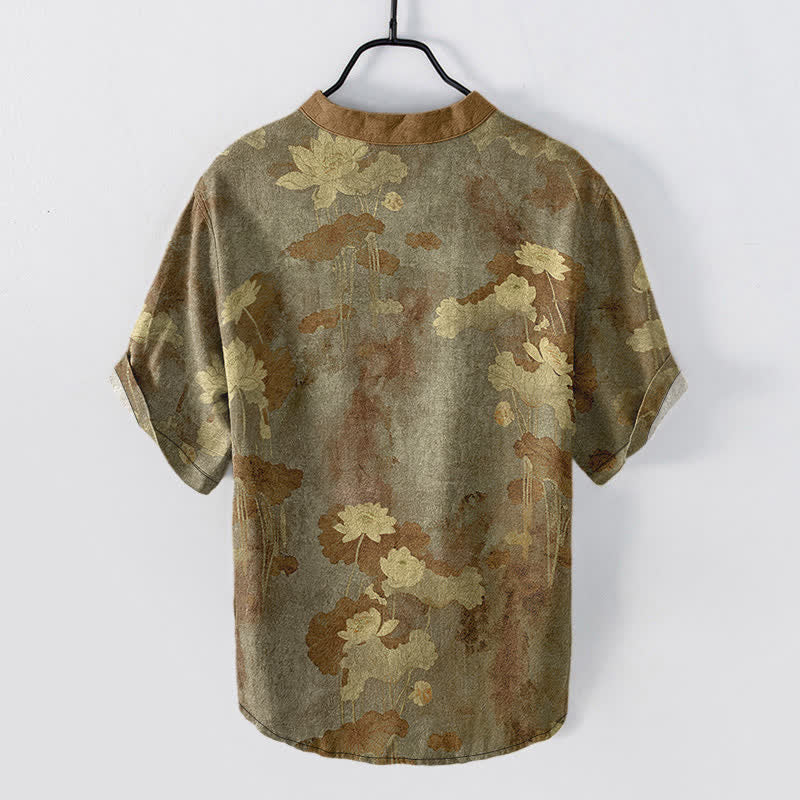 Buddha Stones Cotton Lotus Floral Pattern Men's Short Sleeve Half Button Shirt - image 11