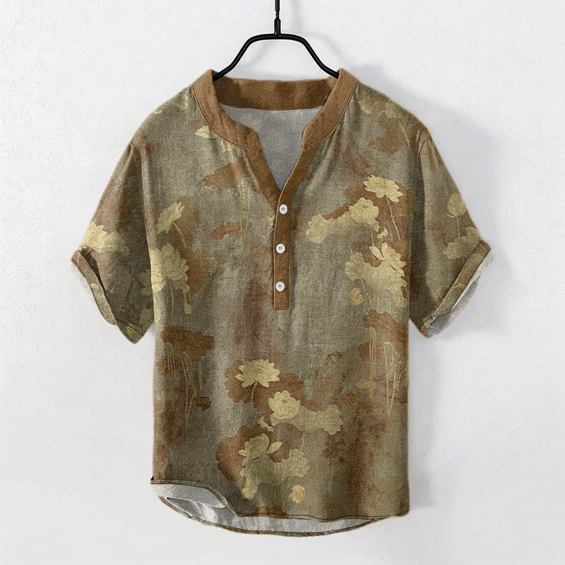 Buddha Stones Cotton Lotus Floral Pattern Men's Short Sleeve Half Button Shirt - Olive - US/UK/AU50，EU60 (5XL) - image 10