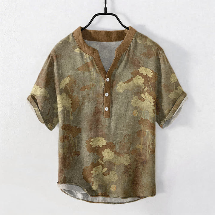 Buddha Stones Cotton Lotus Floral Pattern Men's Short Sleeve Half Button Shirt - Olive - US/UK/AU50，EU60 (5XL) - image 10