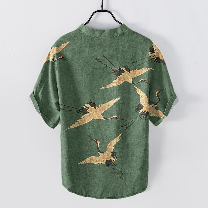 Buddha Stones Cotton Flying Crane Pattern Men's Short Sleeve Half Button Shirt - image 1