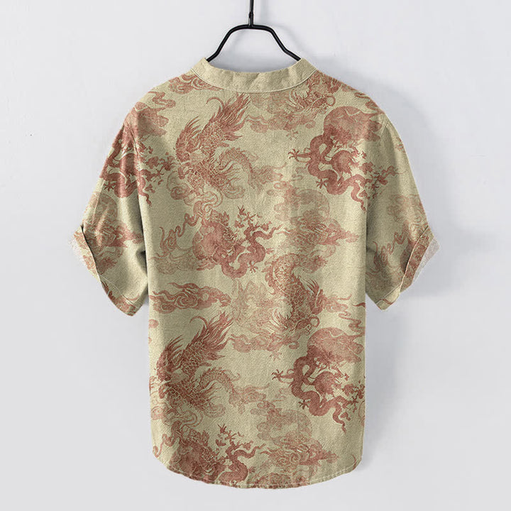 Buddha Stones Cotton Vintage Dragon Pattern Men's Short Sleeve Half Button Shirt - image 1