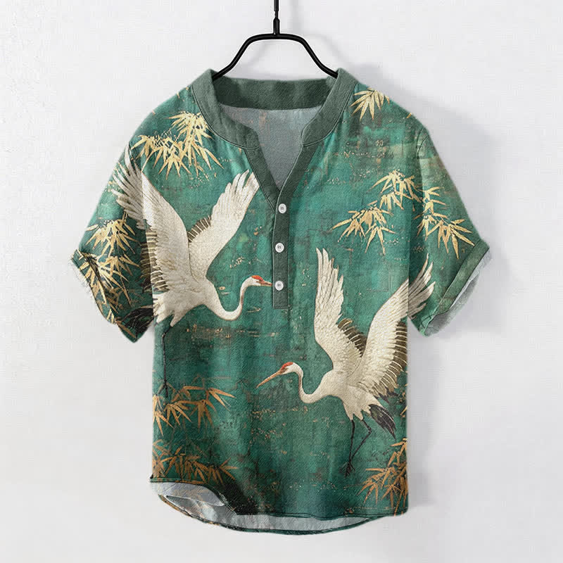 Buddha Stones Cotton Crane Bamboo Pattern Men's Short Sleeve Half Button Shirt - SeaGreen - US/UK/AU50，EU60 (5XL) - image 0