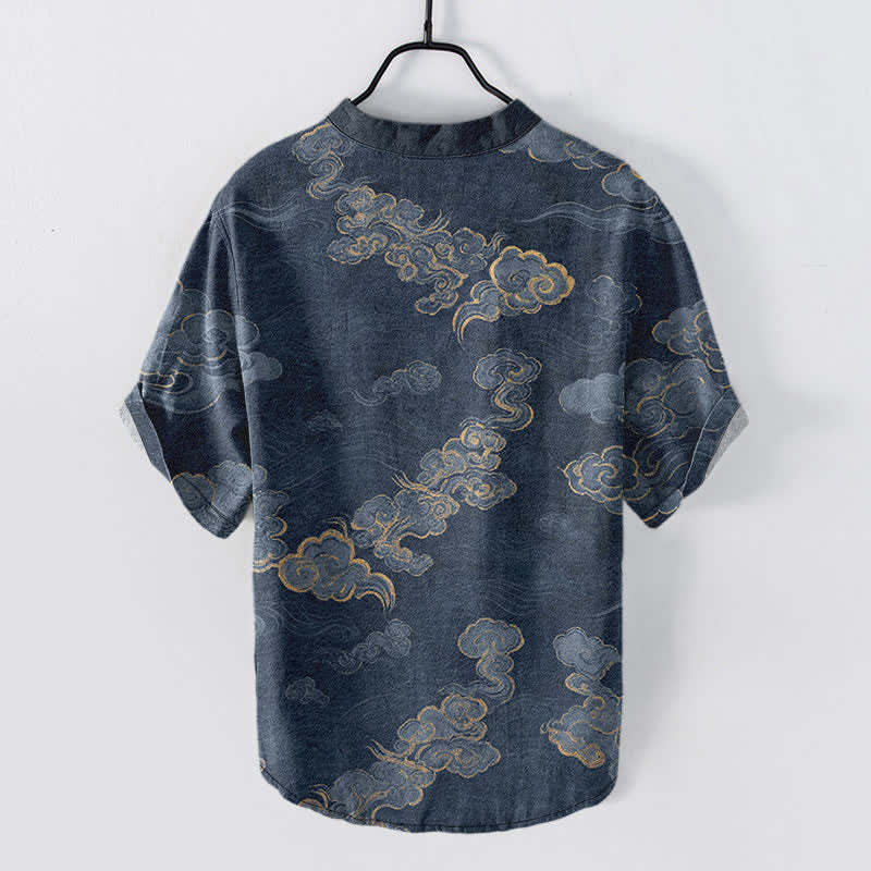 Buddha Stones Cotton Auspicious Cloud Pattern Men's Short Sleeve Half Button Shirt - image 1